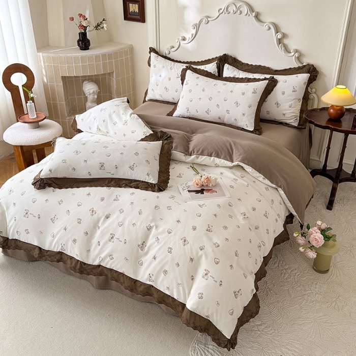 91家纺网 家纺一手货源 找家纺 苏米娜家纺2025春夏新款韩版复古花边A类有氧针织棉双层纱四件套纯棉麻泡泡棉小竺棉四件套法式赫本风水洗棉床盖款四件套 欢乐熊