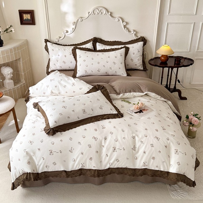 91家纺网 家纺一手货源 找家纺 苏米娜家纺2025春夏新款韩版复古花边A类有氧针织棉双层纱四件套纯棉麻泡泡棉小竺棉四件套法式赫本风水洗棉床盖款四件套 欢乐熊