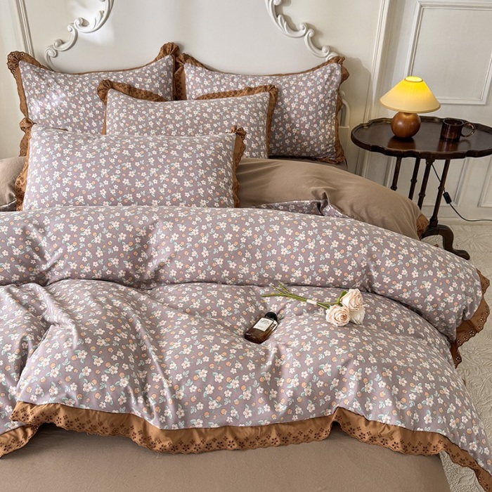 91家纺网 家纺一手货源 找家纺 苏米娜家纺2025春夏新款韩版复古花边A类有氧针织棉双层纱四件套纯棉麻泡泡棉小竺棉四件套法式赫本风水洗棉床盖款四件套 莱茵花园