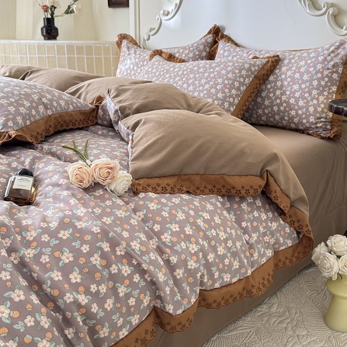 91家纺网 家纺一手货源 找家纺 苏米娜家纺2025春夏新款韩版复古花边A类有氧针织棉双层纱四件套纯棉麻泡泡棉小竺棉四件套法式赫本风水洗棉床盖款四件套 莱茵花园