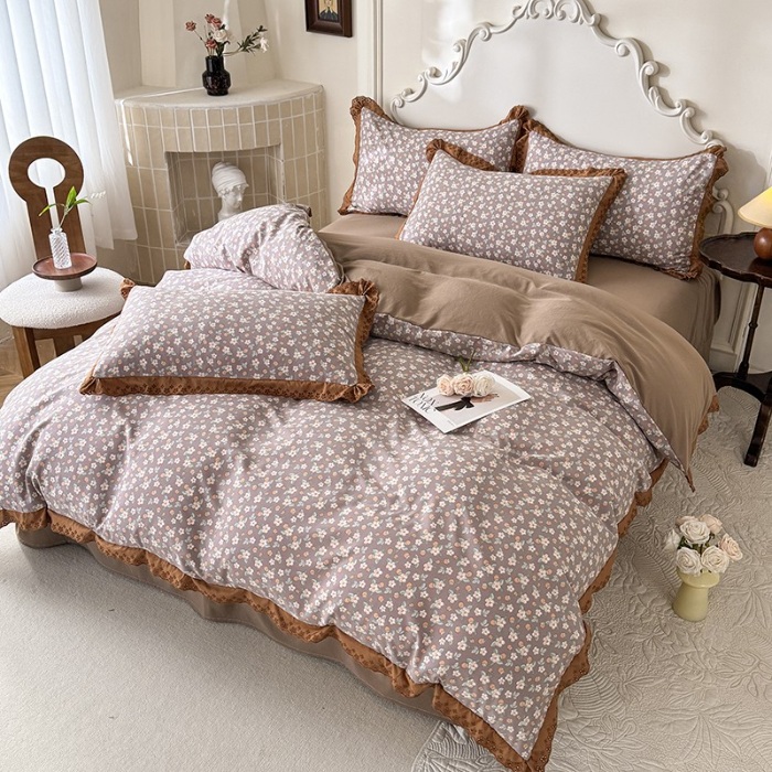 91家纺网 家纺一手货源 找家纺 苏米娜家纺2025春夏新款韩版复古花边A类有氧针织棉双层纱四件套纯棉麻泡泡棉小竺棉四件套法式赫本风水洗棉床盖款四件套 莱茵花园