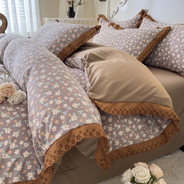 91家纺网 家纺一手货源 找家纺 苏米娜家纺2025春夏新款韩版复古花边A类有氧针织棉双层纱四件套纯棉麻泡泡棉小竺棉四件套法式赫本风水洗棉床盖款四件套 莱茵花园