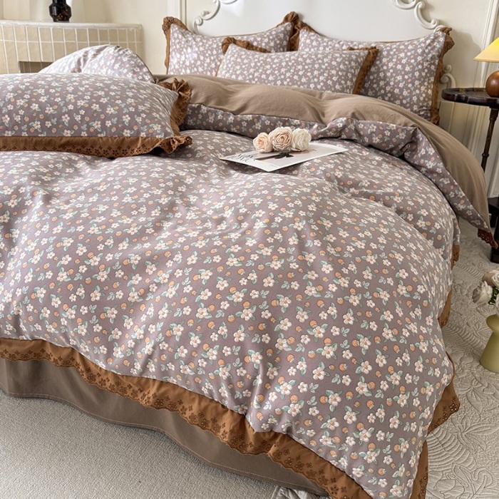 91家纺网 家纺一手货源 找家纺 苏米娜家纺2025春夏新款韩版复古花边A类有氧针织棉双层纱四件套纯棉麻泡泡棉小竺棉四件套法式赫本风水洗棉床盖款四件套 莱茵花园