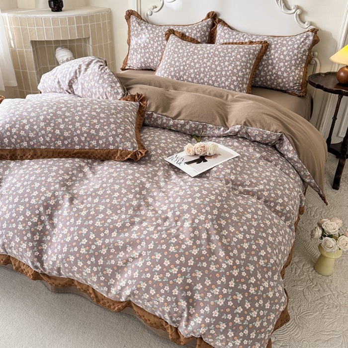 91家纺网 家纺一手货源 找家纺 苏米娜家纺2025春夏新款韩版复古花边A类有氧针织棉双层纱四件套纯棉麻泡泡棉小竺棉四件套法式赫本风水洗棉床盖款四件套 莱茵花园