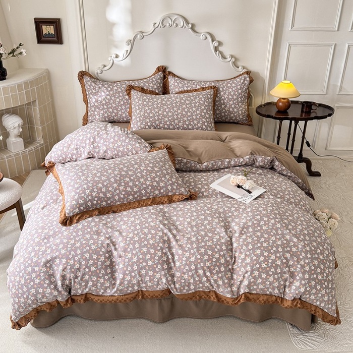 91家纺网 家纺一手货源 找家纺 苏米娜家纺2025春夏新款韩版复古花边A类有氧针织棉双层纱四件套纯棉麻泡泡棉小竺棉四件套法式赫本风水洗棉床盖款四件套 莱茵花园