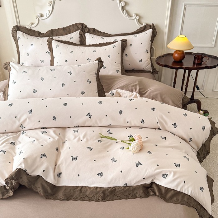 91家纺网 家纺一手货源 找家纺 苏米娜家纺2025春夏新款韩版复古花边A类有氧针织棉双层纱四件套纯棉麻泡泡棉小竺棉四件套法式赫本风水洗棉床盖款四件套 梦蝶