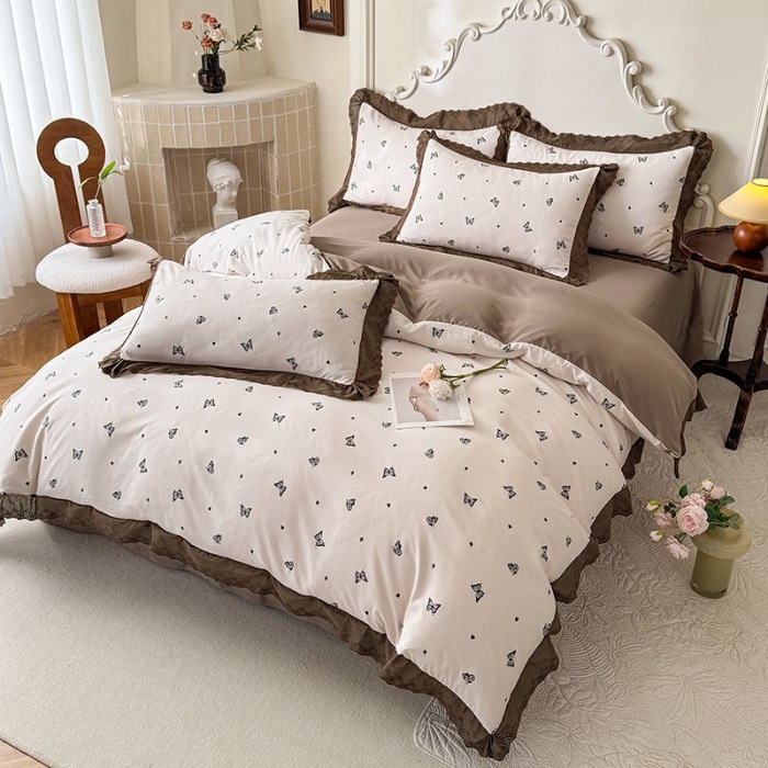 91家纺网 家纺一手货源 找家纺 苏米娜家纺2025春夏新款韩版复古花边A类有氧针织棉双层纱四件套纯棉麻泡泡棉小竺棉四件套法式赫本风水洗棉床盖款四件套 梦蝶