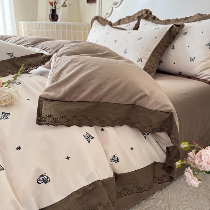 91家纺网 家纺一手货源 找家纺 苏米娜家纺2025春夏新款韩版复古花边A类有氧针织棉双层纱四件套纯棉麻泡泡棉小竺棉四件套法式赫本风水洗棉床盖款四件套 梦蝶