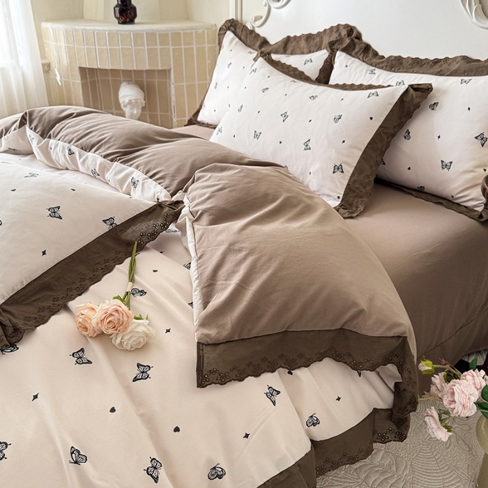 91家纺网 家纺一手货源 找家纺 苏米娜家纺2025春夏新款韩版复古花边A类有氧针织棉双层纱四件套纯棉麻泡泡棉小竺棉四件套法式赫本风水洗棉床盖款四件套 梦蝶