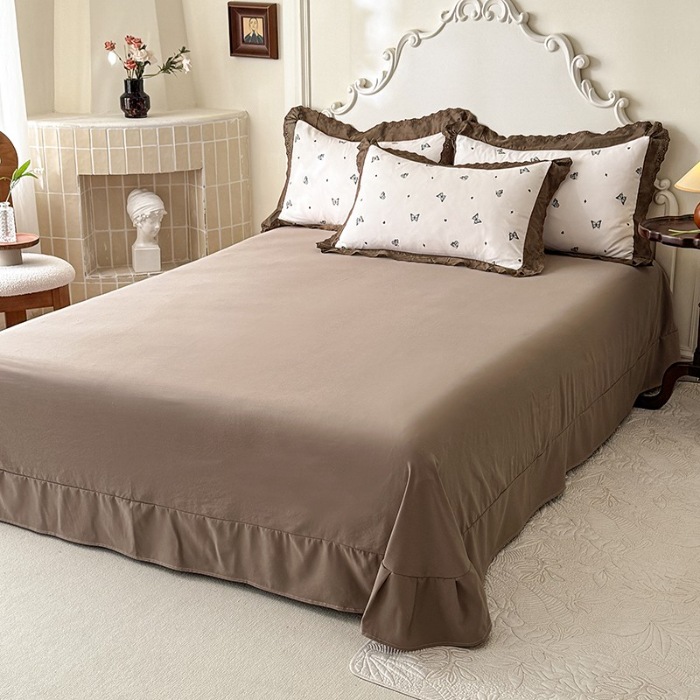 91家纺网 家纺一手货源 找家纺 苏米娜家纺2025春夏新款韩版复古花边A类有氧针织棉双层纱四件套纯棉麻泡泡棉小竺棉四件套法式赫本风水洗棉床盖款四件套 梦蝶