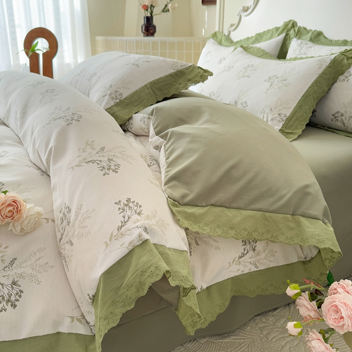 91家纺网 家纺一手货源 找家纺 苏米娜家纺2025春夏新款韩版复古花边A类有氧针织棉双层纱四件套纯棉麻泡泡棉小竺棉四件套法式赫本风水洗棉床盖款四件套 莫奈