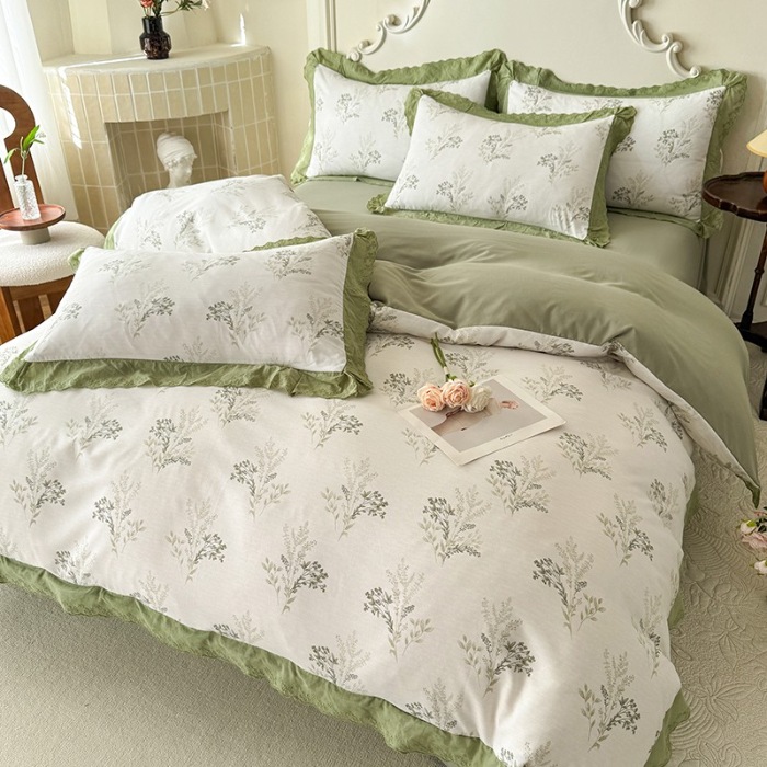 91家纺网 家纺一手货源 找家纺 苏米娜家纺2025春夏新款韩版复古花边A类有氧针织棉双层纱四件套纯棉麻泡泡棉小竺棉四件套法式赫本风水洗棉床盖款四件套 莫奈