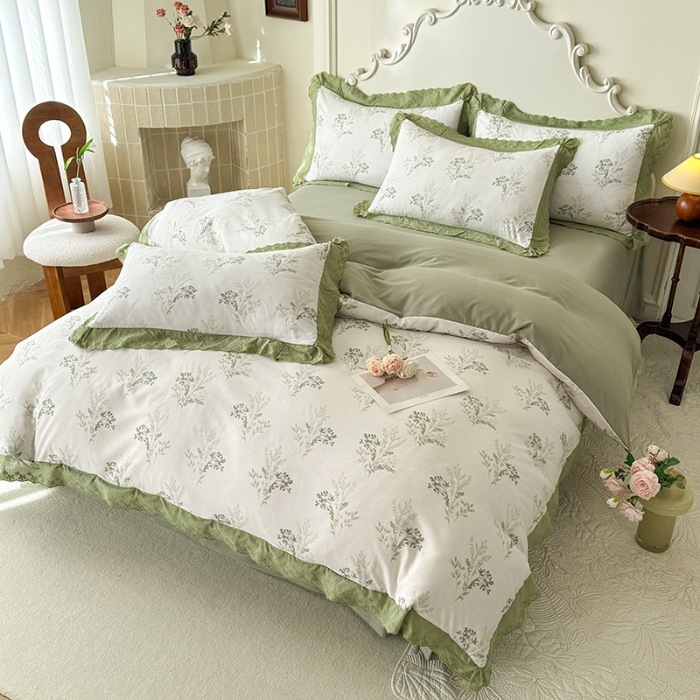 91家纺网 家纺一手货源 找家纺 苏米娜家纺2025春夏新款韩版复古花边A类有氧针织棉双层纱四件套纯棉麻泡泡棉小竺棉四件套法式赫本风水洗棉床盖款四件套 莫奈