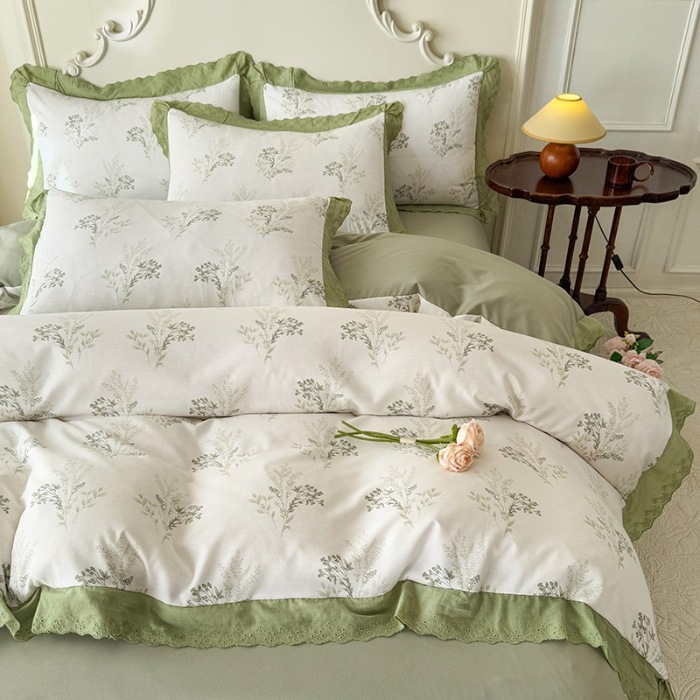 91家纺网 家纺一手货源 找家纺 苏米娜家纺2025春夏新款韩版复古花边A类有氧针织棉双层纱四件套纯棉麻泡泡棉小竺棉四件套法式赫本风水洗棉床盖款四件套 莫奈