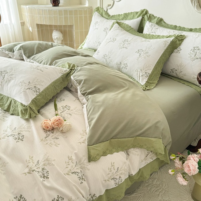 91家纺网 家纺一手货源 找家纺 苏米娜家纺2025春夏新款韩版复古花边A类有氧针织棉双层纱四件套纯棉麻泡泡棉小竺棉四件套法式赫本风水洗棉床盖款四件套 莫奈