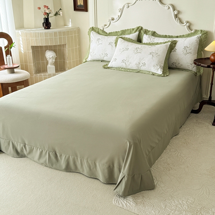 91家纺网 家纺一手货源 找家纺 苏米娜家纺2025春夏新款韩版复古花边A类有氧针织棉双层纱四件套纯棉麻泡泡棉小竺棉四件套法式赫本风水洗棉床盖款四件套 莫奈