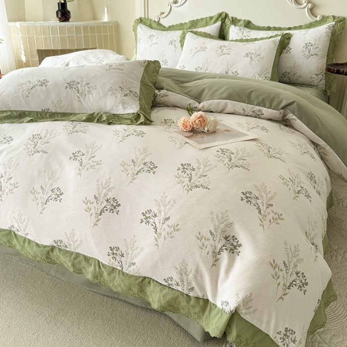 91家纺网 家纺一手货源 找家纺 苏米娜家纺2025春夏新款韩版复古花边A类有氧针织棉双层纱四件套纯棉麻泡泡棉小竺棉四件套法式赫本风水洗棉床盖款四件套 莫奈