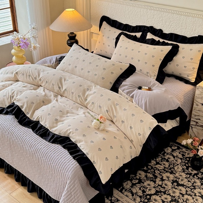 91家纺网 家纺一手货源 找家纺 苏米娜家纺法式A类母婴级针织双层纱床盖款四件套赫本风全棉纯棉麻泡泡棉小竺棉超柔水洗棉床单床盖款 赫本风-爱心