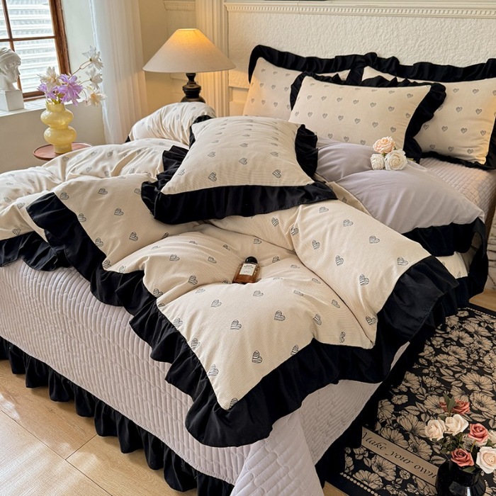 91家纺网 家纺一手货源 找家纺 苏米娜家纺法式A类母婴级针织双层纱床盖款四件套赫本风全棉纯棉麻泡泡棉小竺棉超柔水洗棉床单床盖款 赫本风-爱心