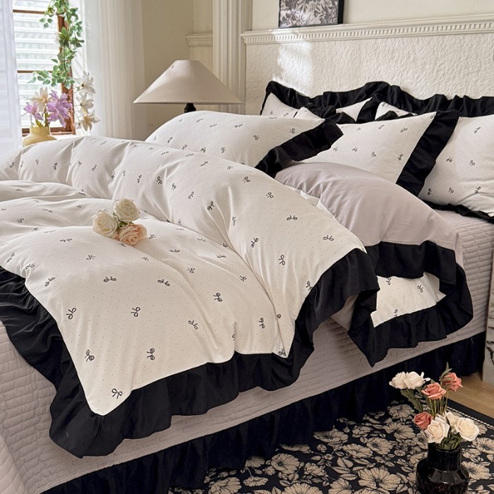 91家纺网 家纺一手货源 找家纺 苏米娜家纺法式A类母婴级针织双层纱床盖款四件套赫本风全棉纯棉麻泡泡棉小竺棉超柔水洗棉床单床盖款 赫本风-蝴蝶结