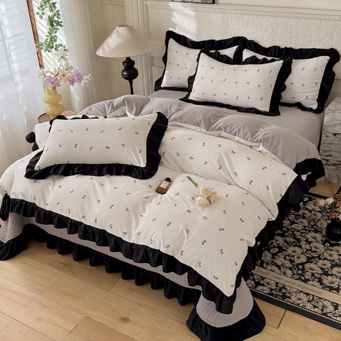 91家纺网 家纺一手货源 找家纺 苏米娜家纺法式A类母婴级针织双层纱床盖款四件套赫本风全棉纯棉麻泡泡棉小竺棉超柔水洗棉床单床盖款 赫本风-蝴蝶结