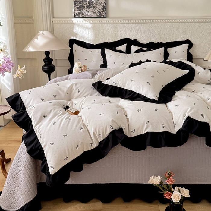 91家纺网 家纺一手货源 找家纺 苏米娜家纺法式A类母婴级针织双层纱床盖款四件套赫本风全棉纯棉麻泡泡棉小竺棉超柔水洗棉床单床盖款 赫本风-蝴蝶结