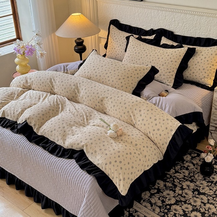 91家纺网 家纺一手货源 找家纺 苏米娜家纺法式A类母婴级针织双层纱床盖款四件套赫本风全棉纯棉麻泡泡棉小竺棉超柔水洗棉床单床盖款 赫本风-南木