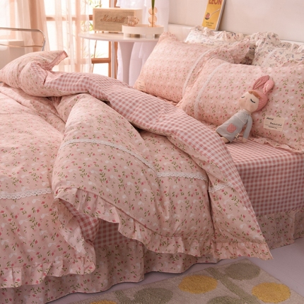 91家纺网 家纺一手货源 找家纺 2021韩版花边全棉四件套纯棉少女心韩式公主风   梦田