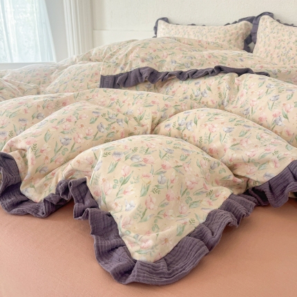 91家纺网 家纺一手货源 找家纺 （总）【苏东来】2025韩版蕾丝花边纯棉全棉双层纱四件套全棉纯棉小碎花印花四件套法式赫本公主风韩系皱皱纱花边四件套针织棉四件套件