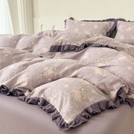 91家纺网 家纺一手货源 找家纺 （总）【苏东来】2025韩版蕾丝花边纯棉全棉双层纱四件套全棉纯棉小碎花印花四件套法式赫本公主风韩系皱皱纱花边四件套针织棉四件套件