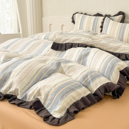 91家纺网 家纺一手货源 找家纺 （总）【苏东来】2025韩版蕾丝花边纯棉全棉双层纱四件套全棉纯棉小碎花印花四件套法式赫本公主风韩系皱皱纱花边四件套针织棉四件套件