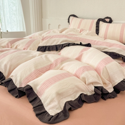 91家纺网 家纺一手货源 找家纺 （总）【苏东来】2025韩版蕾丝花边纯棉全棉双层纱四件套全棉纯棉小碎花印花四件套法式赫本公主风韩系皱皱纱花边四件套针织棉四件套件