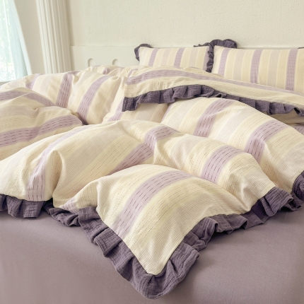 91家纺网 家纺一手货源 找家纺 （总）【苏东来】2025韩版蕾丝花边纯棉全棉双层纱四件套全棉纯棉小碎花印花四件套法式赫本公主风韩系皱皱纱花边四件套针织棉四件套件