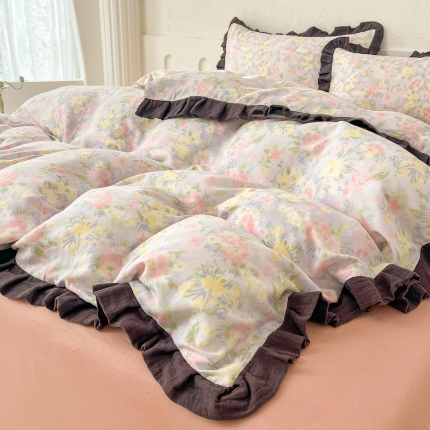 91家纺网 家纺一手货源 找家纺 （总）【苏东来】2025韩版蕾丝花边纯棉全棉双层纱四件套全棉纯棉小碎花印花四件套法式赫本公主风韩系皱皱纱花边四件套针织棉四件套件