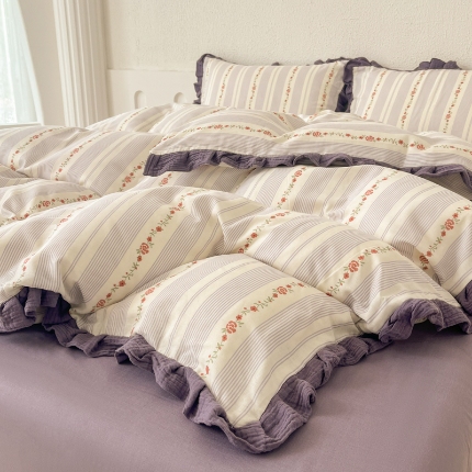 91家纺网 家纺一手货源 找家纺 （总）【苏东来】2025韩版蕾丝花边纯棉全棉双层纱四件套全棉纯棉小碎花印花四件套法式赫本公主风韩系皱皱纱花边四件套针织棉四件套件