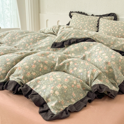 91家纺网 家纺一手货源 找家纺 （总）【苏东来】2025韩版蕾丝花边纯棉全棉双层纱四件套全棉纯棉小碎花印花四件套法式赫本公主风韩系皱皱纱花边四件套针织棉四件套件