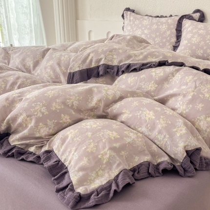 91家纺网 家纺一手货源 找家纺 （总）【苏东来】2025韩版蕾丝花边纯棉全棉双层纱四件套全棉纯棉小碎花印花四件套法式赫本公主风韩系皱皱纱花边四件套针织棉四件套件