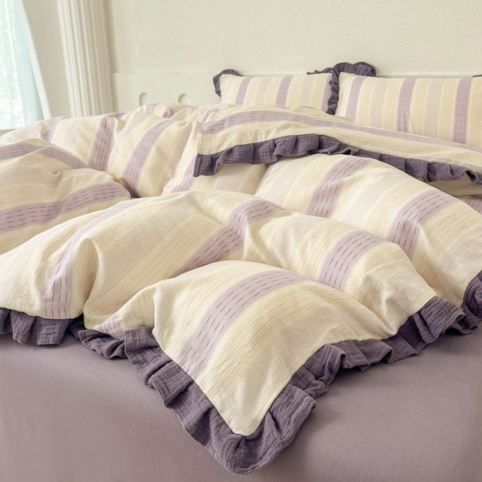 91家纺网 家纺一手货源 找家纺 （总）【苏东来】2025韩版蕾丝花边纯棉全棉双层纱四件套全棉纯棉小碎花印花四件套法式赫本公主风韩系皱皱纱花边四件套针织棉四件套件