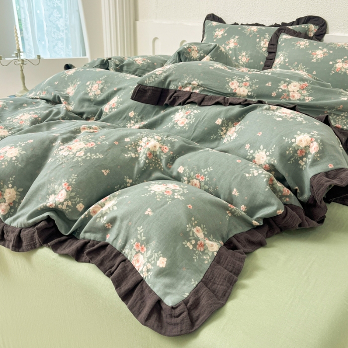 91家纺网 家纺一手货源 找家纺 （总）【苏东来】2025韩版蕾丝花边纯棉全棉双层纱四件套全棉纯棉小碎花印花四件套法式赫本公主风韩系皱皱纱花边四件套针织棉四件套件