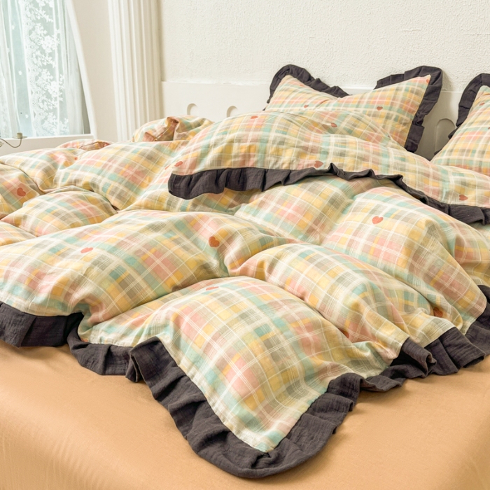 91家纺网 家纺一手货源 找家纺 （总）【苏东来】2025韩版蕾丝花边纯棉全棉双层纱四件套全棉纯棉小碎花印花四件套法式赫本公主风韩系皱皱纱花边四件套针织棉四件套件