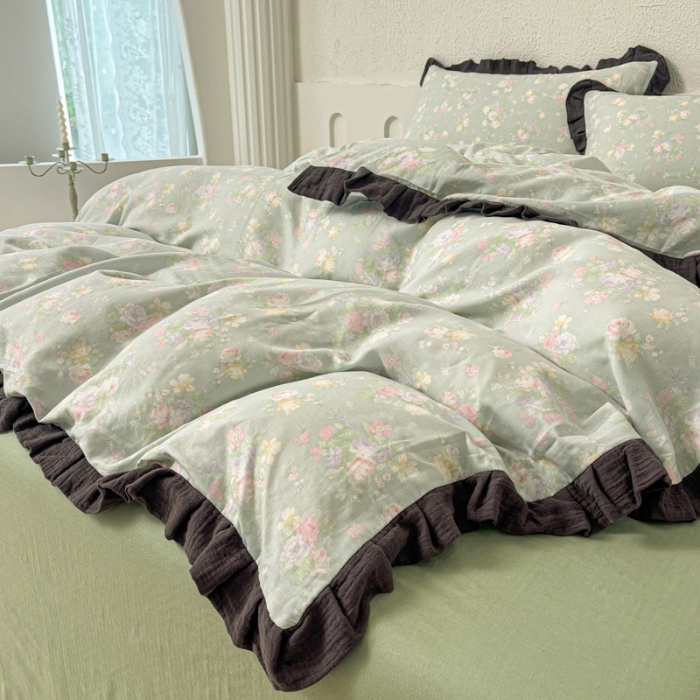 91家纺网 家纺一手货源 找家纺 （总）【苏东来】2025韩版蕾丝花边纯棉全棉双层纱四件套全棉纯棉小碎花印花四件套法式赫本公主风韩系皱皱纱花边四件套针织棉四件套件