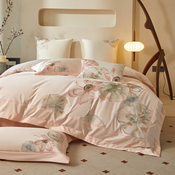 91家纺网 家纺一手货源 找家纺 【2025】50支50S长绒棉刺绣四件套新中式工艺款 荷塘月色玉 控价478-498元