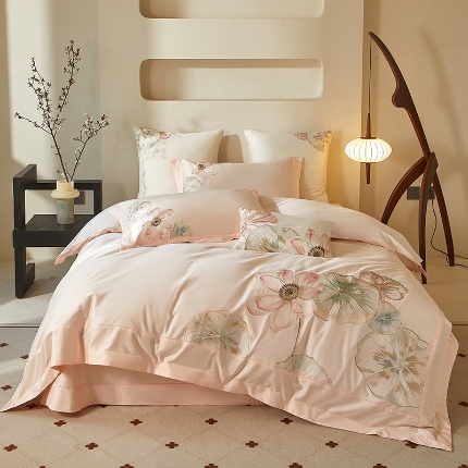 【2025】50支50S长绒棉刺绣四件套新中式工艺款 荷塘月色玉 控价478-498元