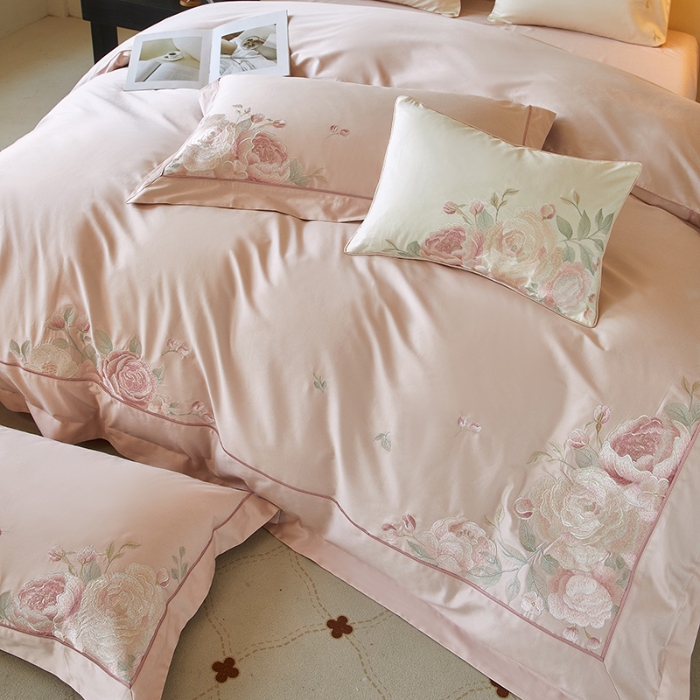 91家纺网 家纺一手货源 找家纺 【2025】50支50S长绒棉刺绣四件套新中式工艺款 温馨满园粉玉 控价478-498元