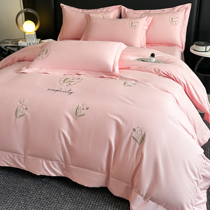 91家纺网 家纺一手货源 找家纺 （总）（控价）2025新款 专版花型 高克重A类 全棉长绒棉满屏重工刺绣四件套-铃兰物语