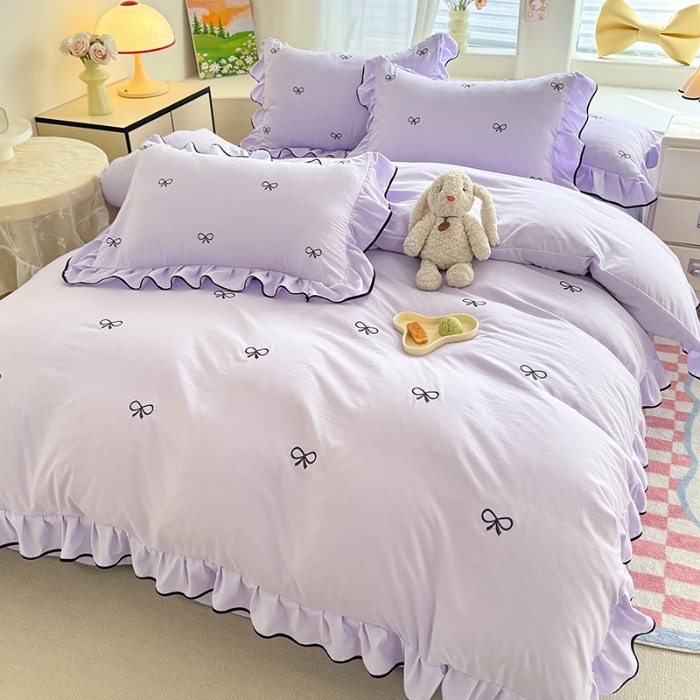 91家纺网 家纺一手货源 找家纺 苏米娜家纺2025春夏新品韩版花边款水洗棉四件套A类母婴级针织双层纱蝴蝶结绣花纯棉全棉床裙款四件套小香风 蝶儿飞飞-梦幻紫