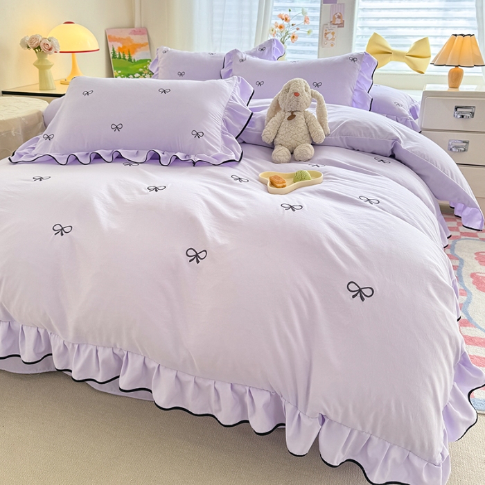 91家纺网 家纺一手货源 找家纺 苏米娜家纺2025春夏新品韩版花边款水洗棉四件套A类母婴级针织双层纱蝴蝶结绣花纯棉全棉床裙款四件套小香风 蝶儿飞飞-梦幻紫