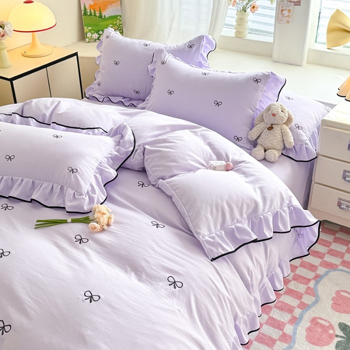 91家纺网 家纺一手货源 找家纺 苏米娜家纺2025春夏新品韩版花边款水洗棉四件套A类母婴级针织双层纱蝴蝶结绣花纯棉全棉床裙款四件套小香风 蝶儿飞飞-梦幻紫