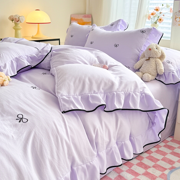 91家纺网 家纺一手货源 找家纺 苏米娜家纺2025春夏新品韩版花边款水洗棉四件套A类母婴级针织双层纱蝴蝶结绣花纯棉全棉床裙款四件套小香风 蝶儿飞飞-梦幻紫