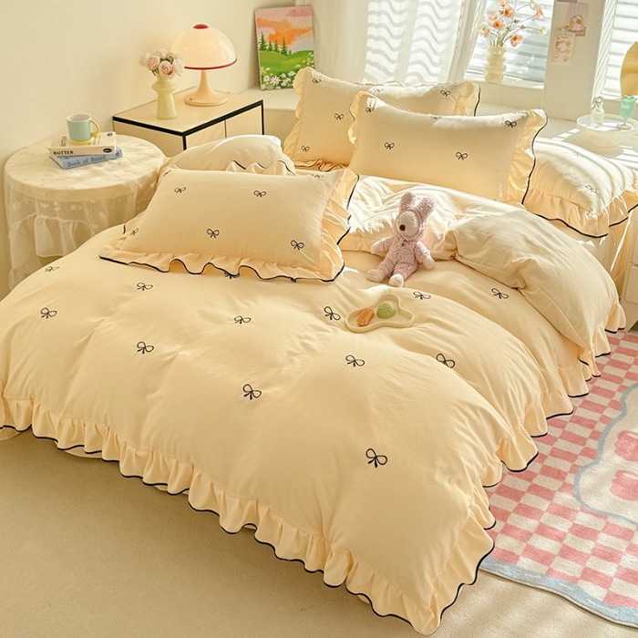 91家纺网 家纺一手货源 找家纺 苏米娜家纺2025春夏新品韩版花边款水洗棉四件套A类母婴级针织双层纱蝴蝶结绣花纯棉全棉床裙款四件套小香风 蝶儿飞飞-嫩黄